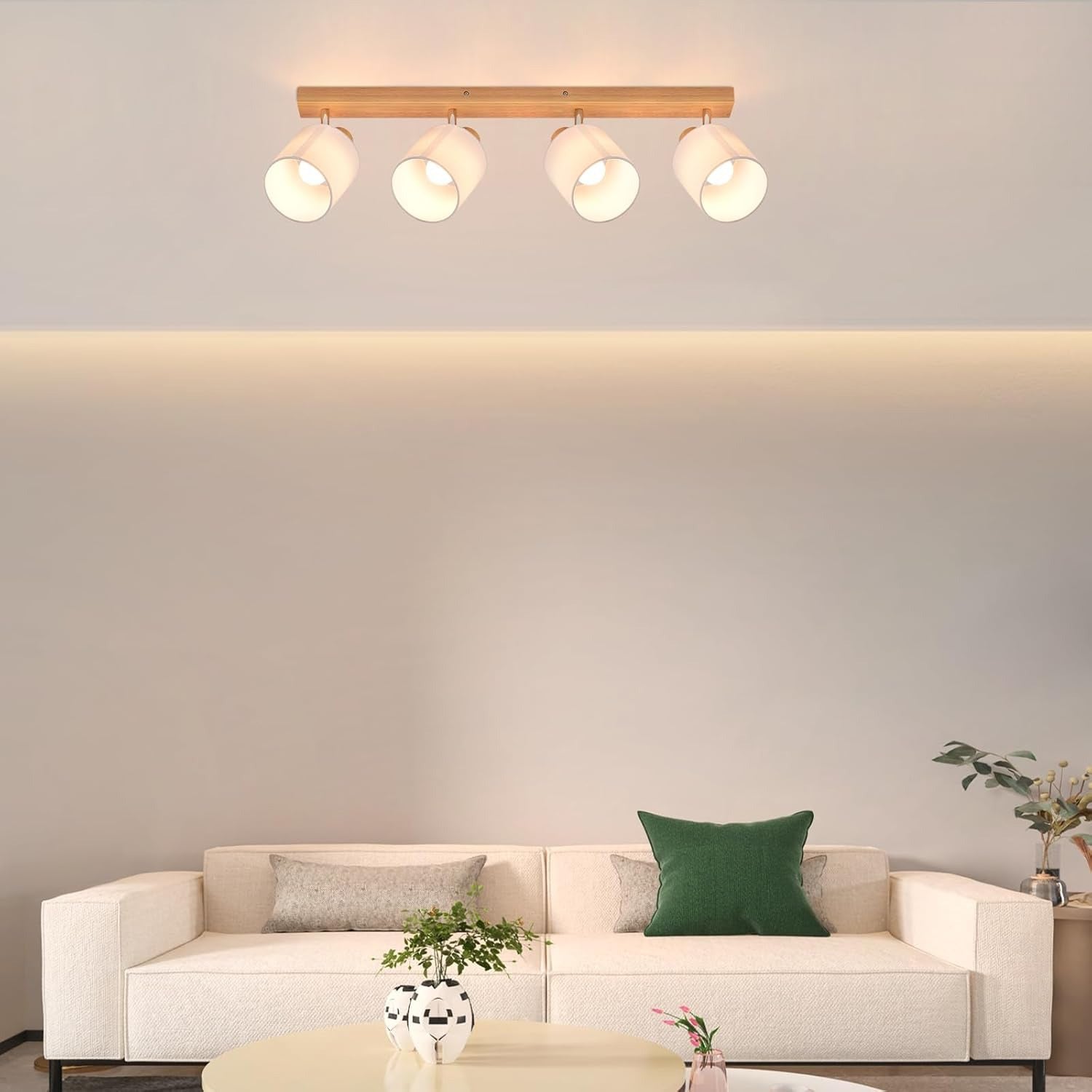 Homefire Deckenstrahler 4 Flammig Deckenlampe Wohnzimmer - Holz Deckenleuchte Modern Deckenspot E14 Schwenkbar 350° MAX.25W küchenlampe Stoffschirm für Schlafzimmer Küche Flur
