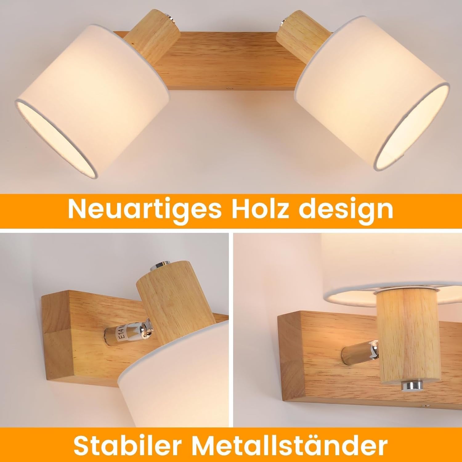 Homefire Deckenleuchte 2 Flammig Deckenlampe Flur - Deckenstrahler Vintage Holz Deckenspot Wandstrahler Schwenkbar 350° E14 MAX.25W lampe für Wohnzimmer Schlafzimmer Küche