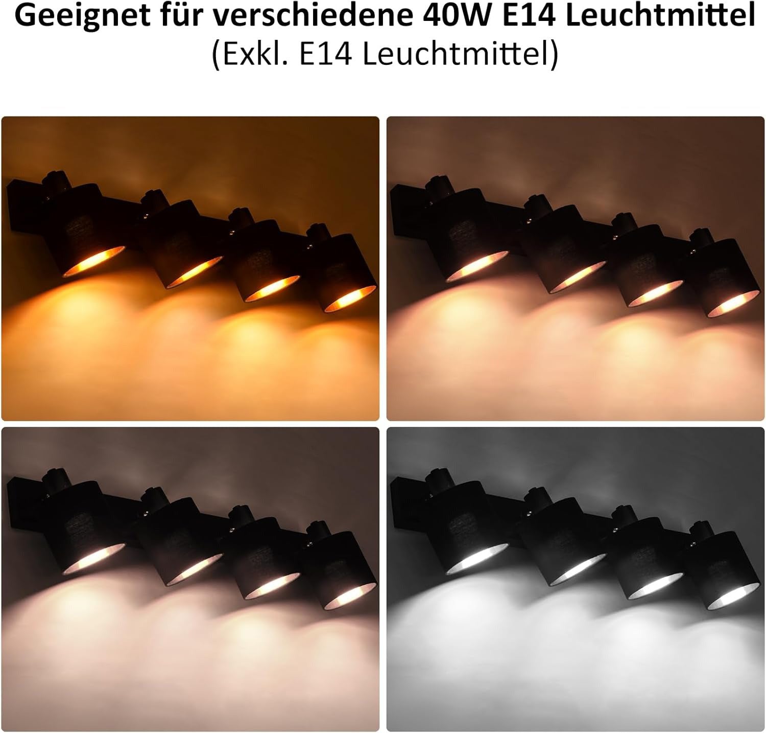 Homefire Deckenlampe 4 Flammig Deckenstrahler Schwarz - Deckenleuchte Wohnzimmer Vintage Wohnzimmerlampe E14 Fassung Stoffschirm Schwenkbar 350° MAX.25W für Schlafzimmer Flur