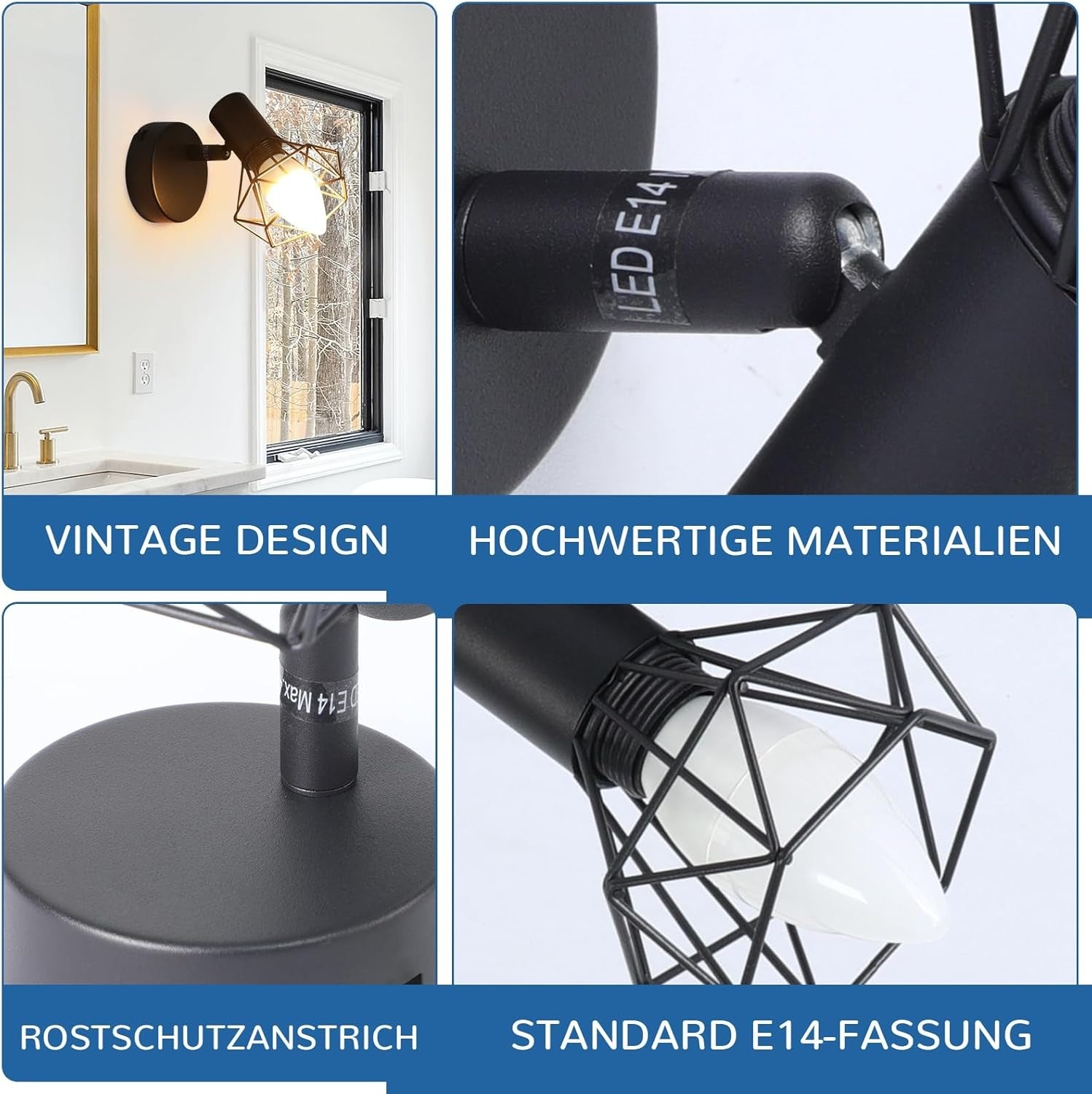 Homefire Wandspots Schwarz Wandstrahler Retro - Wandleuchte E14 Verstellbar Vintage Wandlampe 1 Flammig 350° für Flur Arbeitszimmer Schlafzimmer Wohnzimmer Küche Max. 40W