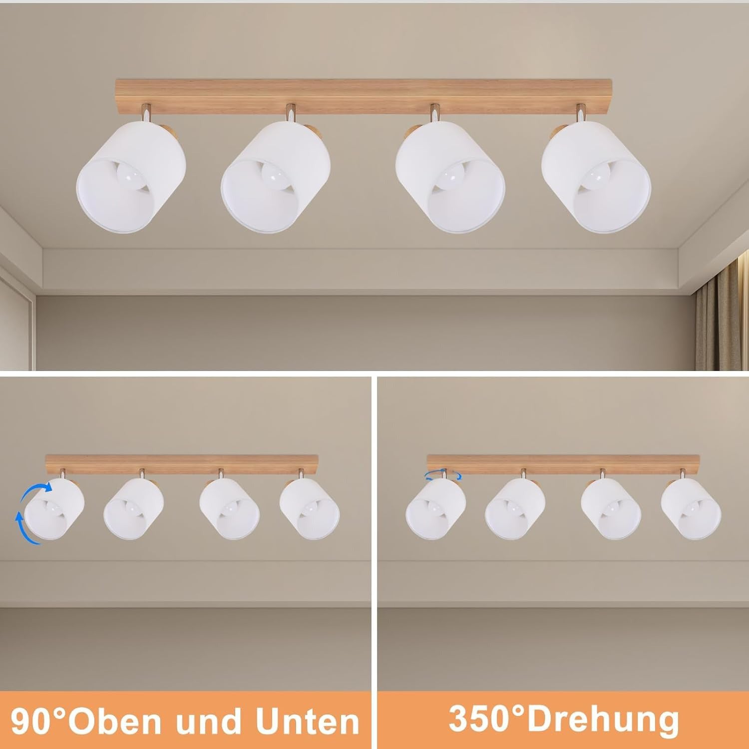 Homefire Deckenstrahler 4 Flammig Deckenlampe Wohnzimmer - Holz Deckenleuchte Modern Deckenspot E14 Schwenkbar 350° MAX.25W küchenlampe Stoffschirm für Schlafzimmer Küche Flur