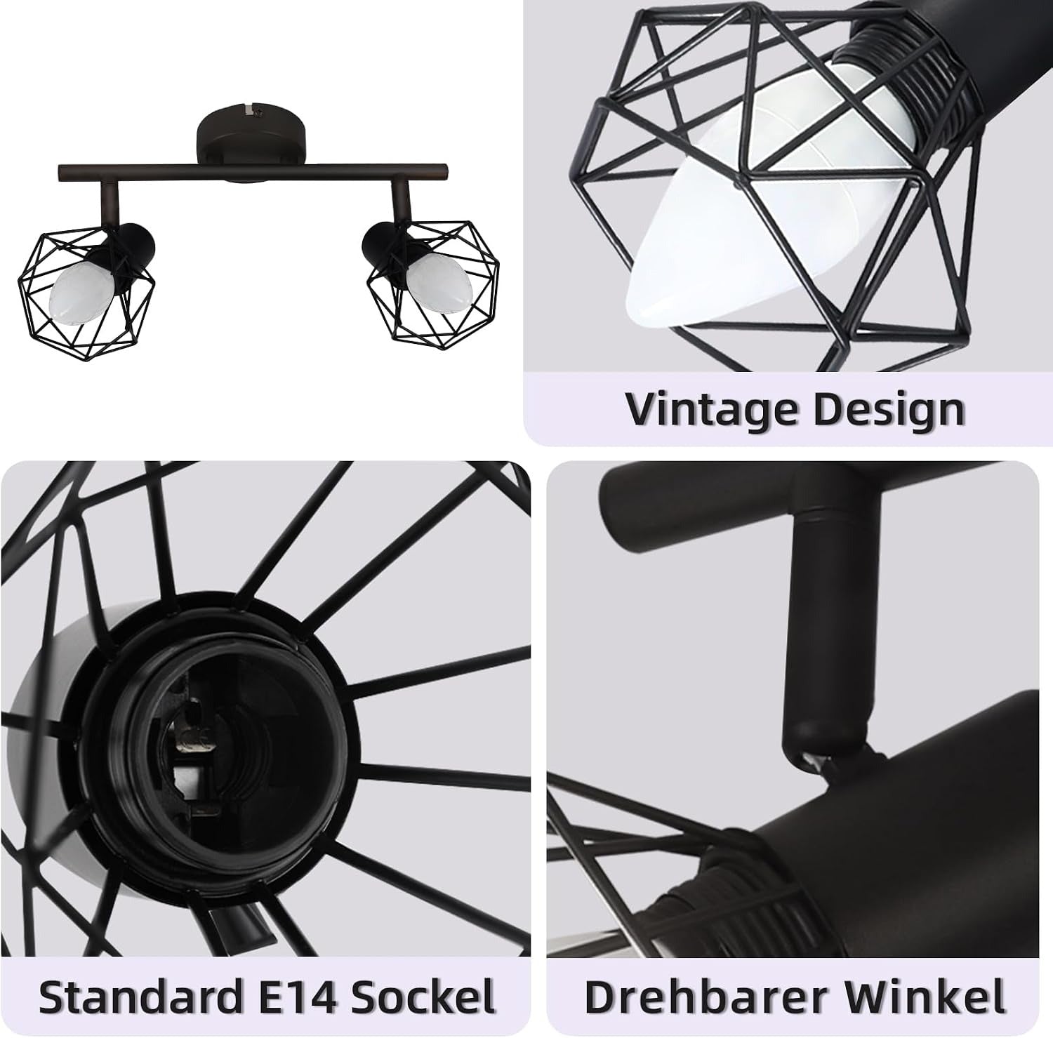 Homefire Deckenstrahler 2 Flammig Vintage Denckenspots - Schwarz Denckenlampe E14 Verstellbare 350°Industrial Retro Deckenleuchte für Flur Wohnzimmer Schlafzimmer Küche Esszimmer