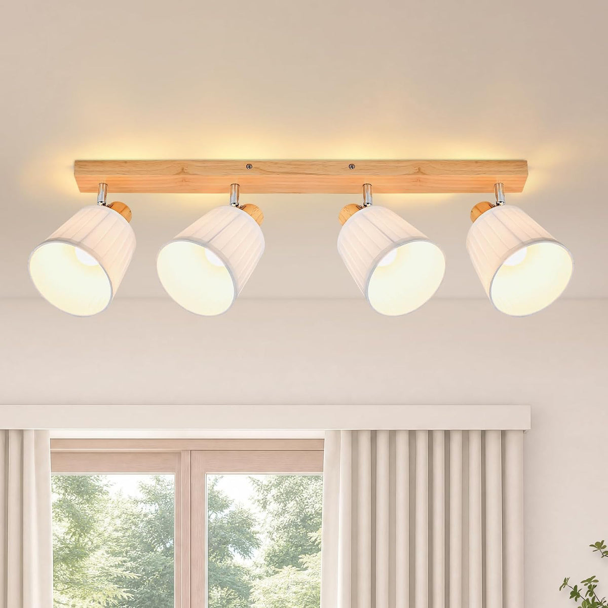 Homefire Deckenstrahler 4 Flammig Holz Deckenleuchte Deckenlampe Vintage | Schlafzimmerlampe E14 Boho mit Weiß Stoffschirm Retro drehbar 350°