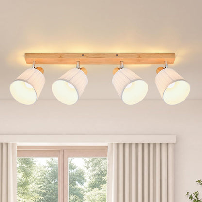 Homefire Deckenstrahler 4 Flammig Holz Deckenleuchte Deckenlampe Vintage | Schlafzimmerlampe E14 Boho mit Weiß Stoffschirm Retro drehbar 350°