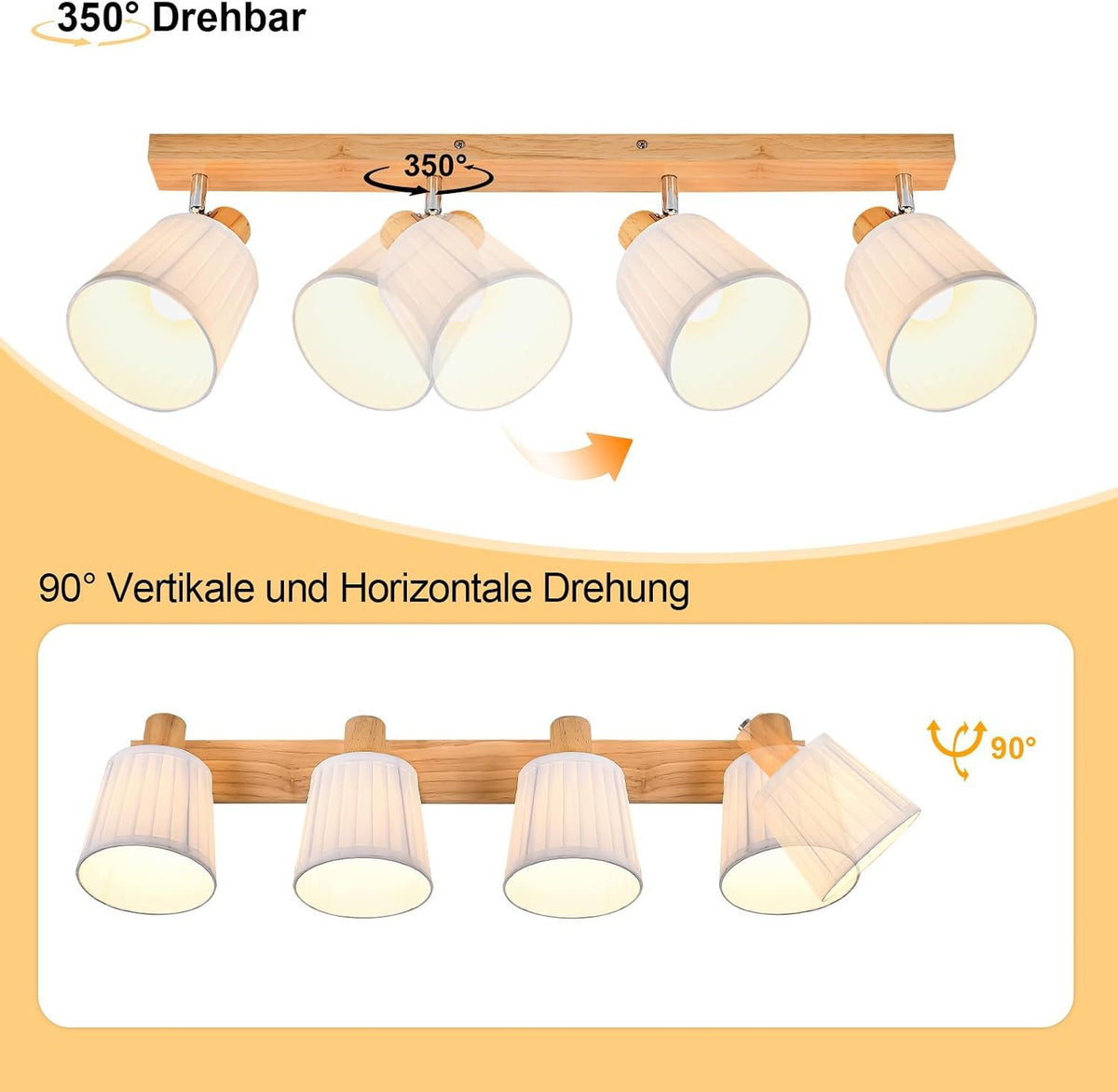Homefire Deckenstrahler 4 Flammig Holz Deckenleuchte Deckenlampe Vintage | Schlafzimmerlampe E14 Boho mit Weiß Stoffschirm Retro drehbar 350°