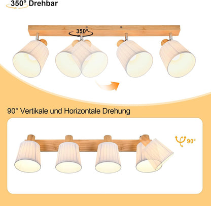 Homefire Deckenstrahler 4 Flammig Holz Deckenleuchte Deckenlampe Vintage | Schlafzimmerlampe E14 Boho mit Weiß Stoffschirm Retro drehbar 350°