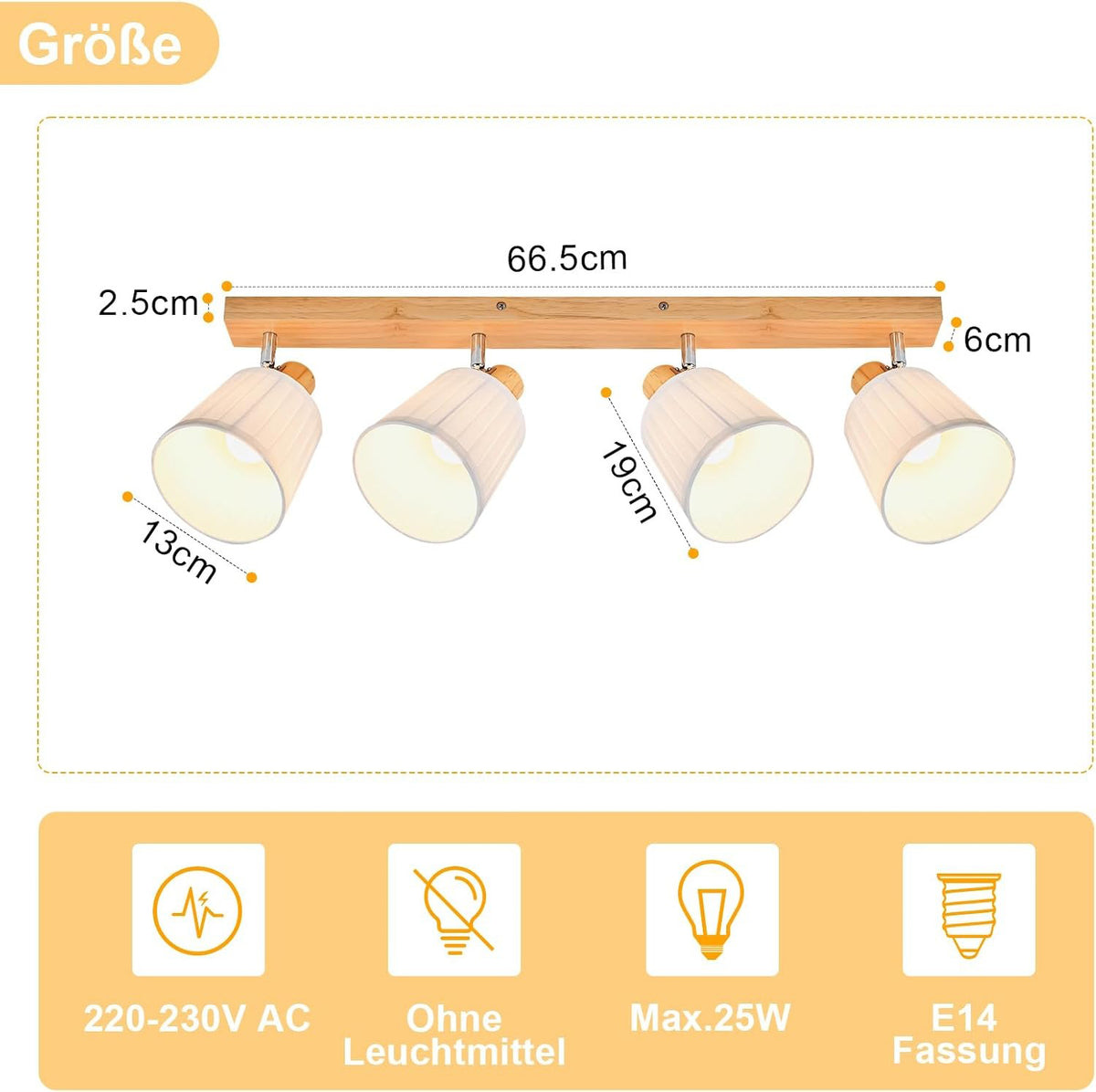 Homefire Deckenstrahler 4 Flammig Holz Deckenleuchte Deckenlampe Vintage | Schlafzimmerlampe E14 Boho mit Weiß Stoffschirm Retro drehbar 350°