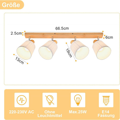 Homefire Deckenstrahler 4 Flammig Holz Deckenleuchte Deckenlampe Vintage | Schlafzimmerlampe E14 Boho mit Weiß Stoffschirm Retro drehbar 350°