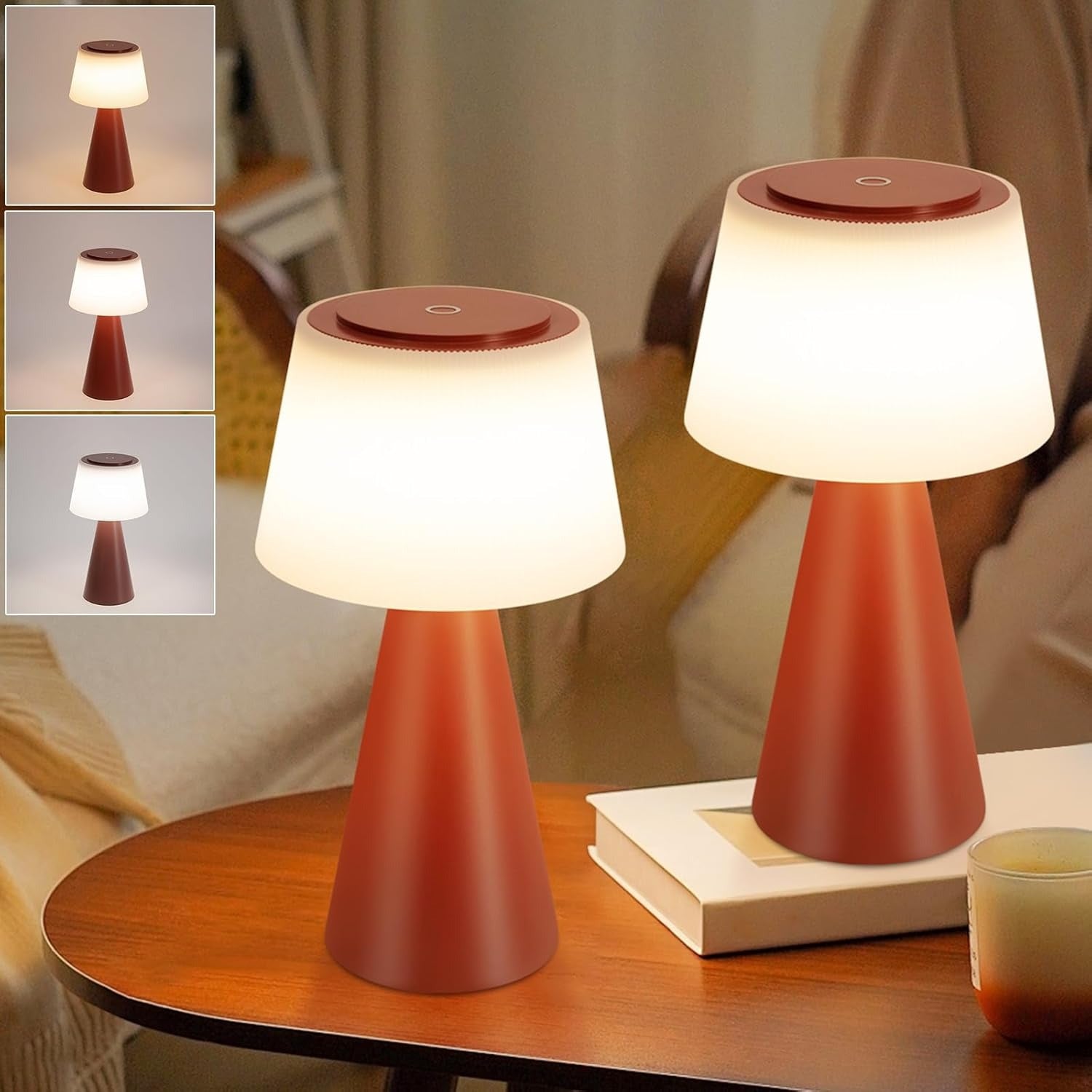 Homefire Tischlampe Akku Nachttischlampe LED - 2er Set 3600mAH Kabellos Tischleuchte Touch Dimmbar Lampe IP44 mit USB Aufladbar Rot Batterie Tischlampen für Modern Wohnzimmer Schlafzimmer Outdoor