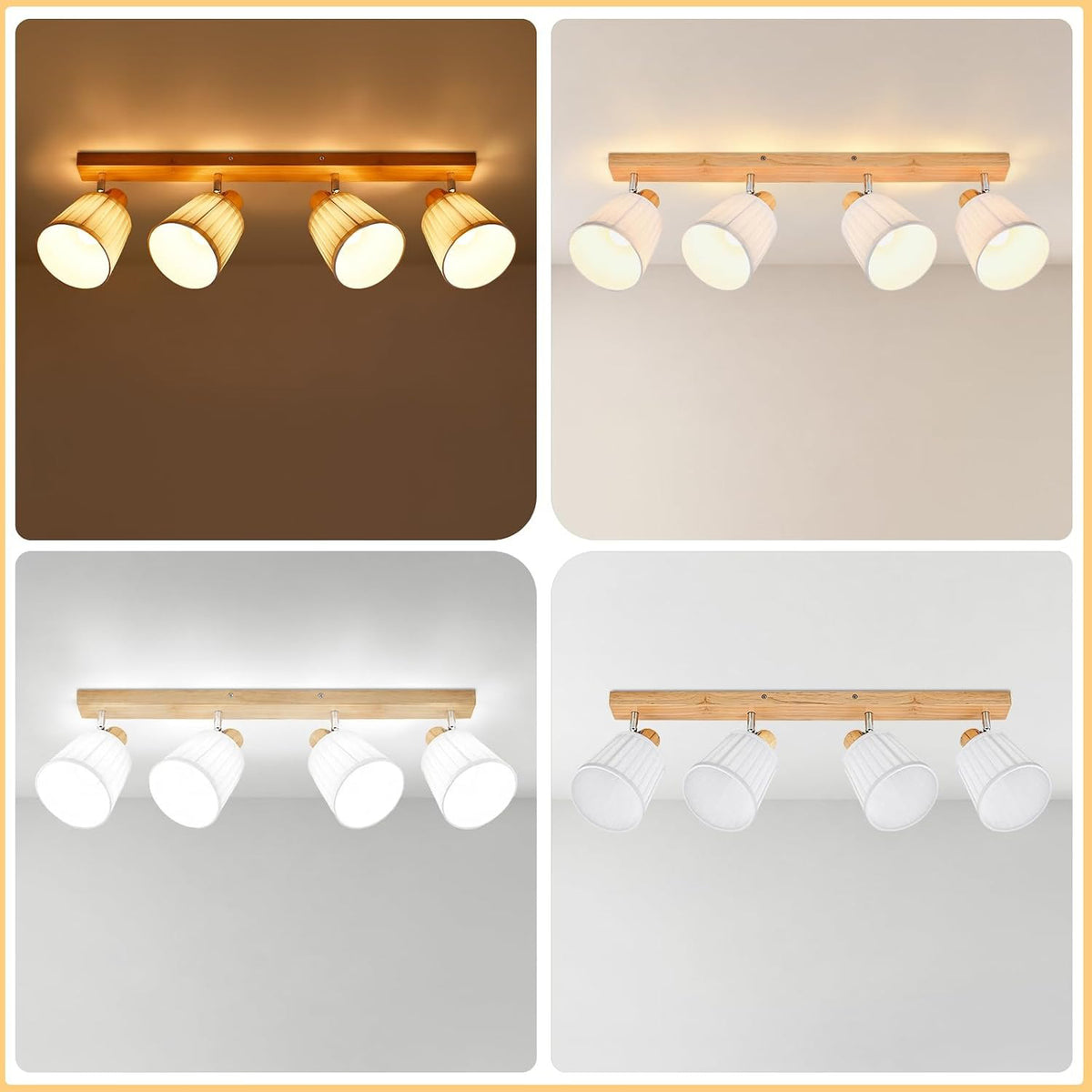 Homefire Deckenstrahler 4 Flammig Holz Deckenleuchte Deckenlampe Vintage | Schlafzimmerlampe E14 Boho mit Weiß Stoffschirm Retro drehbar 350°
