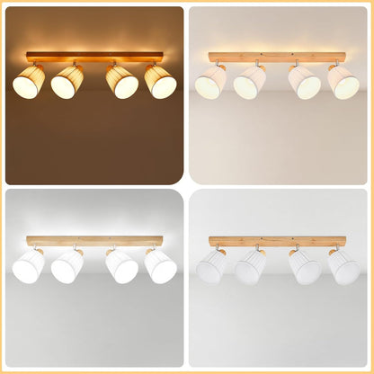 Homefire Deckenstrahler 4 Flammig Holz Deckenleuchte Deckenlampe Vintage | Schlafzimmerlampe E14 Boho mit Weiß Stoffschirm Retro drehbar 350°