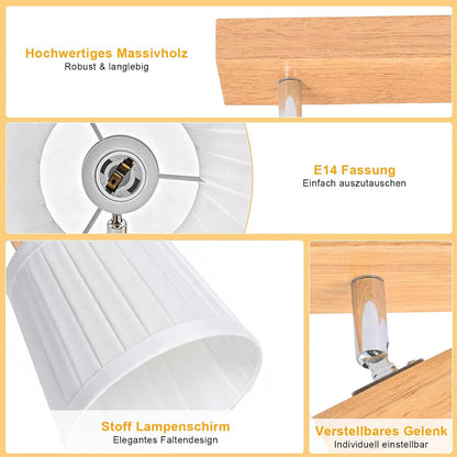Homefire Deckenstrahler 4 Flammig Holz Deckenleuchte Deckenlampe Vintage | Schlafzimmerlampe E14 Boho mit Weiß Stoffschirm Retro drehbar 350°