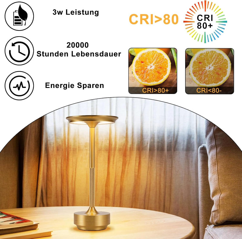 LED Tischlampe Kabellos Gold - Akku Tischleuchte Dimmbar Touch Nachttischlampe USB Aufladbar Tischlampen für Fensterbank Schlafzimmer Esszimmer Büro - Homefire