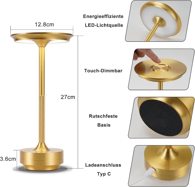 Nachttischlampe Kabellos Tischlampe Akku - LED Tischleuchte Touch Dimmbar Lampe 2er Set mit USB Aufladbar Batterie Tischlampen Gold für Modern Fensterbank Wohnzimmer Kinderzimmer Schlafzimmer - Homefire