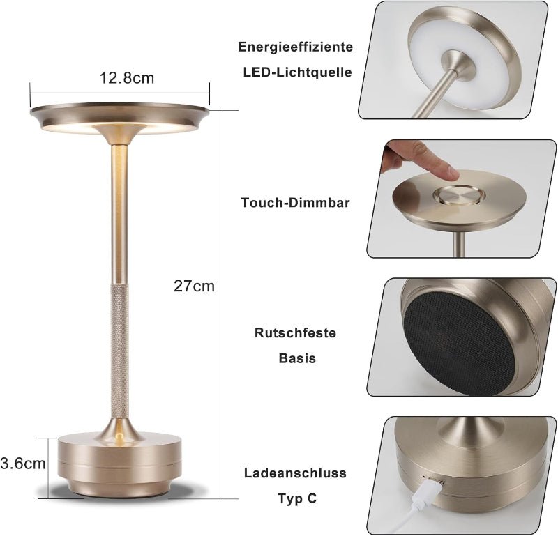 Nachttischlampe Kabellos Tischlampe Akku - LED Tischleuchte Touch Dimmbar Lampe mit USB Aufladbar Batterie Tischlampen Nickel 2er Set für Modern Fensterbank Wohnzimmer Kinderzimmer Schlafzimmer - Homefire