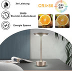 Nachttischlampe Kabellos Tischlampe Akku - LED Tischleuchte Touch Dimmbar Lampe mit USB Aufladbar Batterie Tischlampen Nickel für Modern Fensterbank Wohnzimmer Kinderzimmer Schlafzimmer - Homefire