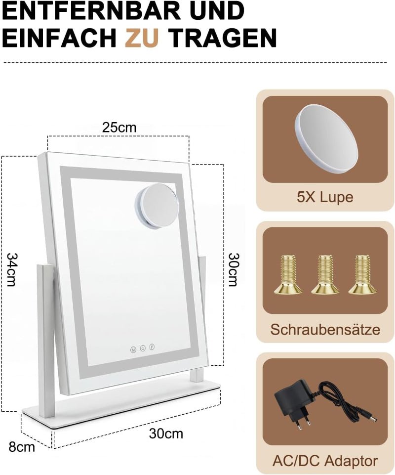 Schminkspiegel mit Beleuchtung Hollywood Spiegel - 30×40CM LED Vanity Mirror Klein Kosmetikspiegel mit Licht Tischspiegel 3 Modi Schminktischspiegel Touch Dimmbar - Homefire