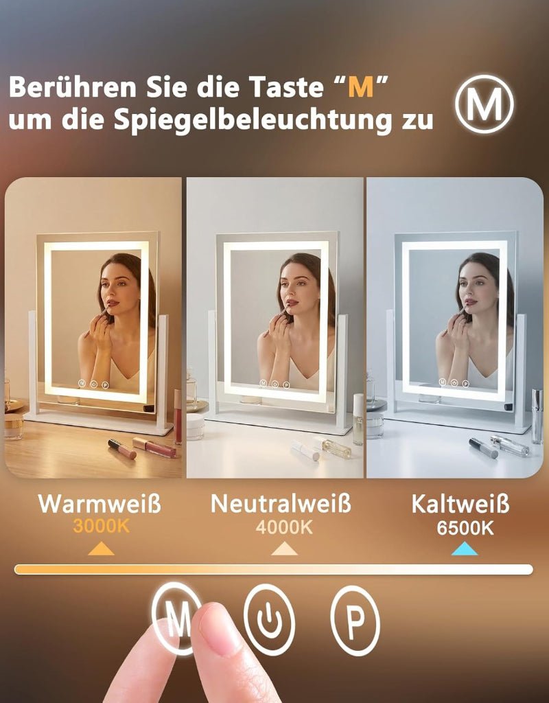 Schminkspiegel mit Beleuchtung Hollywood Spiegel - 30×40CM LED Vanity Mirror Klein Kosmetikspiegel mit Licht Tischspiegel 3 Modi Schminktischspiegel Touch Dimmbar - Homefire