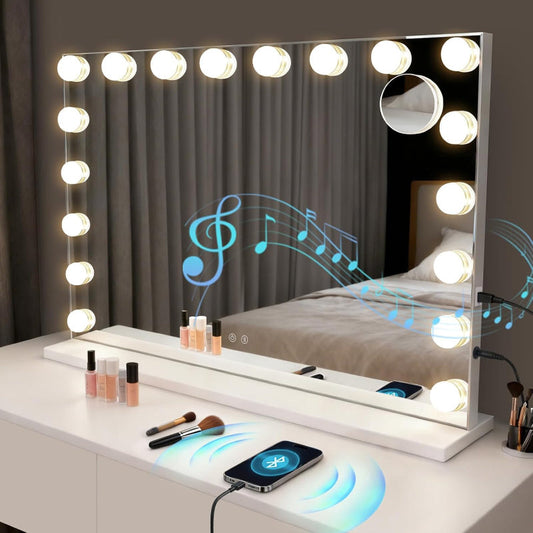 Schminkspiegel Mit Beleuchtung Hollywood Spiegel,80 x 60 cm Groß Vanity Mirror Mit 18 LED Licht Schminktisch Make Up Hollywoodspiegel Tischspiegel Schminktischspiegel Musik Bluetooth - Homefire