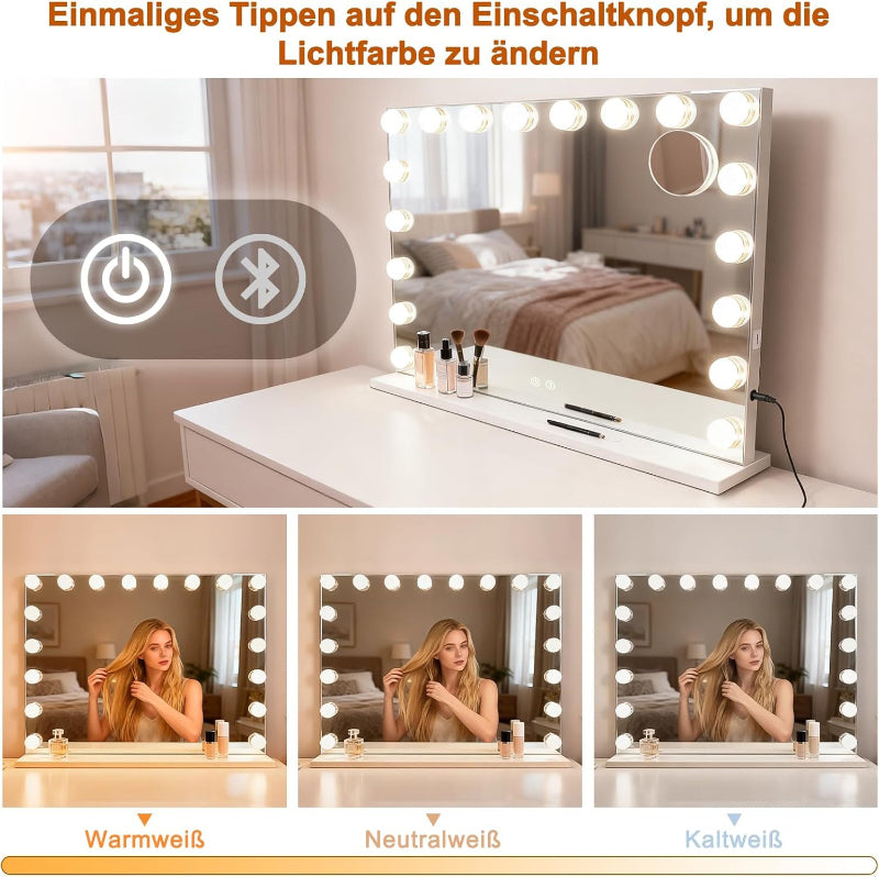 Schminkspiegel Mit Beleuchtung Hollywood Spiegel,80 x 60 cm Groß Vanity Mirror Mit 18 LED Licht Schminktisch Make Up Hollywoodspiegel Tischspiegel Schminktischspiegel Musik Bluetooth - Homefire