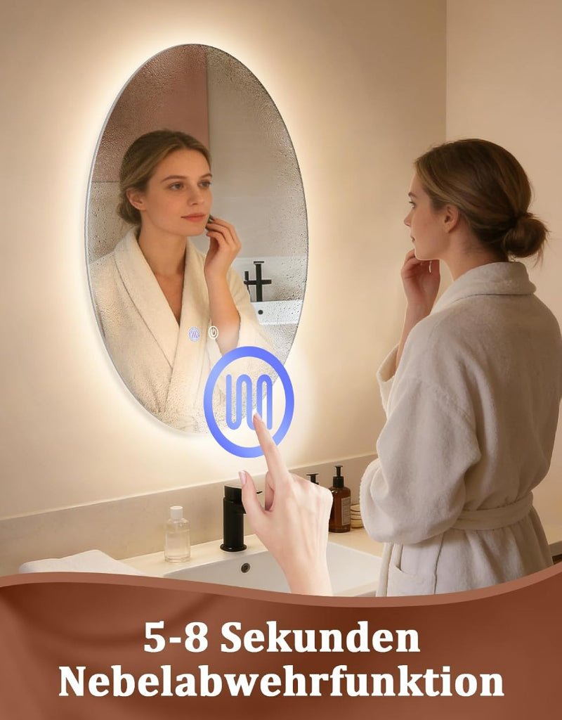 Spiegel Oval Badspiegel mit Beleuchtung - LED Badezimmerspiegel 50x70 cm Wandspiegel Badezimmer IP44 mit Touch-Schalter Entfogger-Funktion 3000K-6500K Lichtspiegel Dimmbar - Homefire