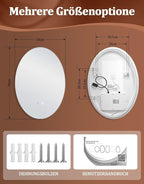 Spiegel Oval Badspiegel mit Beleuchtung - LED Badezimmerspiegel 50x70 cm Wandspiegel Badezimmer IP44 mit Touch-Schalter Entfogger-Funktion 3000K-6500K Lichtspiegel Dimmbar - Homefire