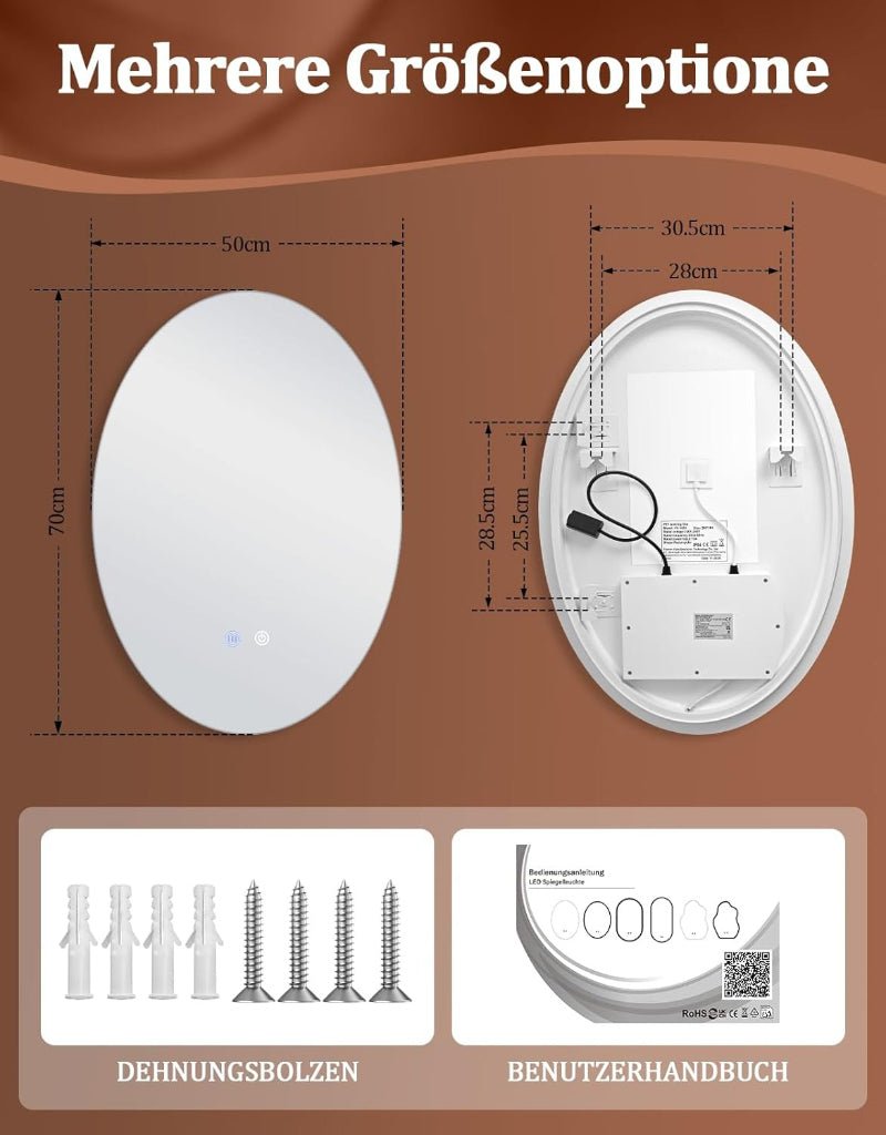 Spiegel Oval Badspiegel mit Beleuchtung - LED Badezimmerspiegel 50x70 cm Wandspiegel Badezimmer IP44 mit Touch-Schalter Entfogger-Funktion 3000K-6500K Lichtspiegel Dimmbar - Homefire