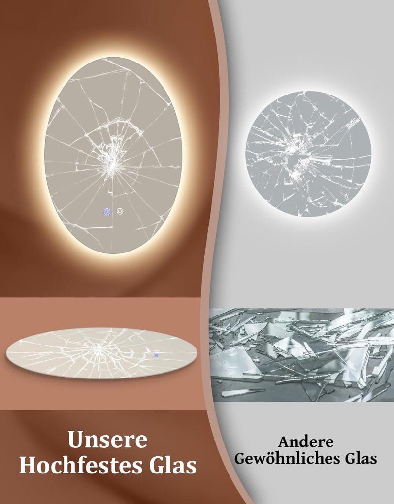 Spiegel Oval Badspiegel mit Beleuchtung - LED Badezimmerspiegel 50x70 cm Wandspiegel Badezimmer IP44 mit Touch-Schalter Entfogger-Funktion 3000K-6500K Lichtspiegel Dimmbar - Homefire