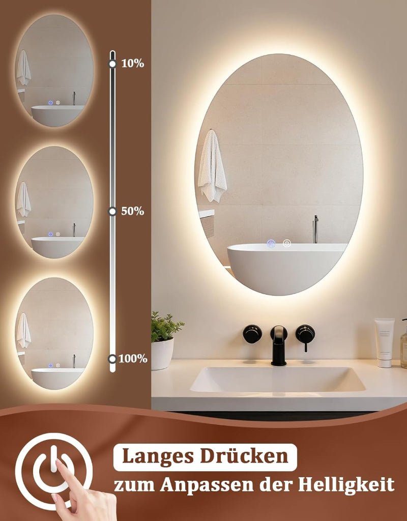 Spiegel Oval Badspiegel mit Beleuchtung - LED Badezimmerspiegel 50x70 cm Wandspiegel Badezimmer IP44 mit Touch-Schalter Entfogger-Funktion 3000K-6500K Lichtspiegel Dimmbar - Homefire