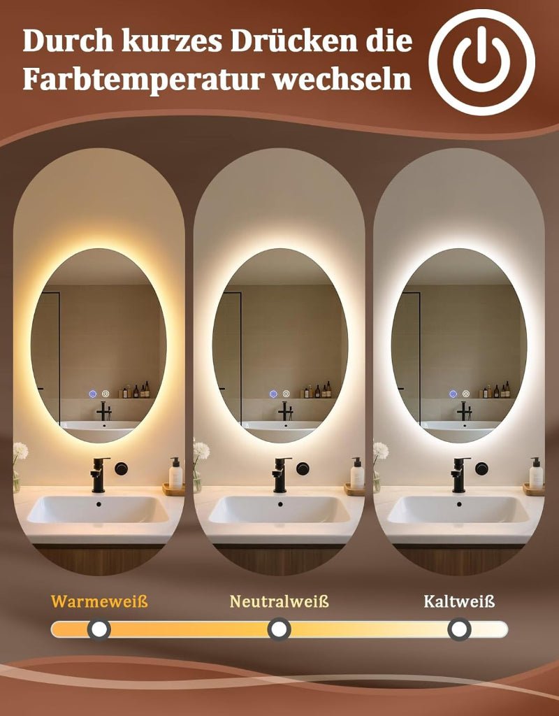 Spiegel Oval Badspiegel mit Beleuchtung - LED Badezimmerspiegel 50x70 cm Wandspiegel Badezimmer IP44 mit Touch-Schalter Entfogger-Funktion 3000K-6500K Lichtspiegel Dimmbar - Homefire