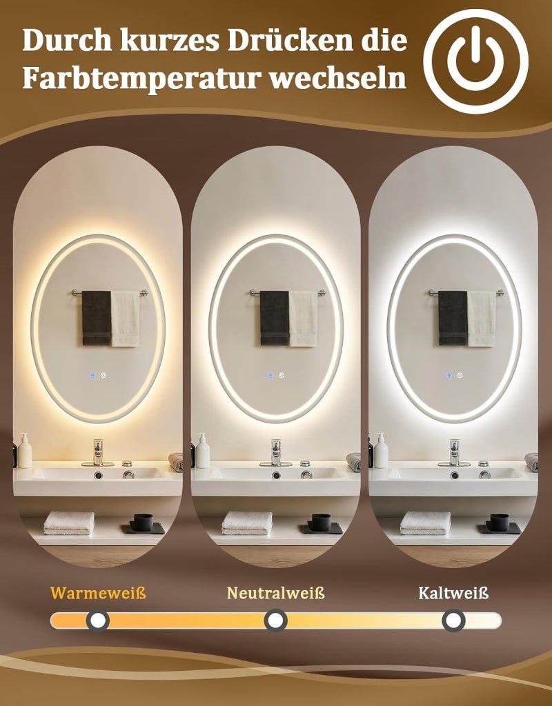 Spiegel Oval Badspiegel mit Beleuchtung - LED Badezimmerspiegel 50x70 cm Wandspiegel Badezimmer IP44 mit Touch-Schalter Entfogger-Funktion Lichtspiegel Dimmbar 3000K-6500K - Homefire
