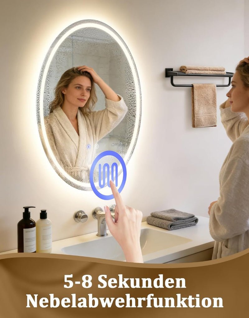 Spiegel Oval Badspiegel mit Beleuchtung - LED Badezimmerspiegel 50x70 cm Wandspiegel Badezimmer IP44 mit Touch-Schalter Entfogger-Funktion Lichtspiegel Dimmbar 3000K-6500K - Homefire