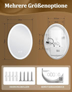 Spiegel Oval Badspiegel mit Beleuchtung - LED Badezimmerspiegel 50x70 cm Wandspiegel Badezimmer IP44 mit Touch-Schalter Entfogger-Funktion Lichtspiegel Dimmbar 3000K-6500K - Homefire