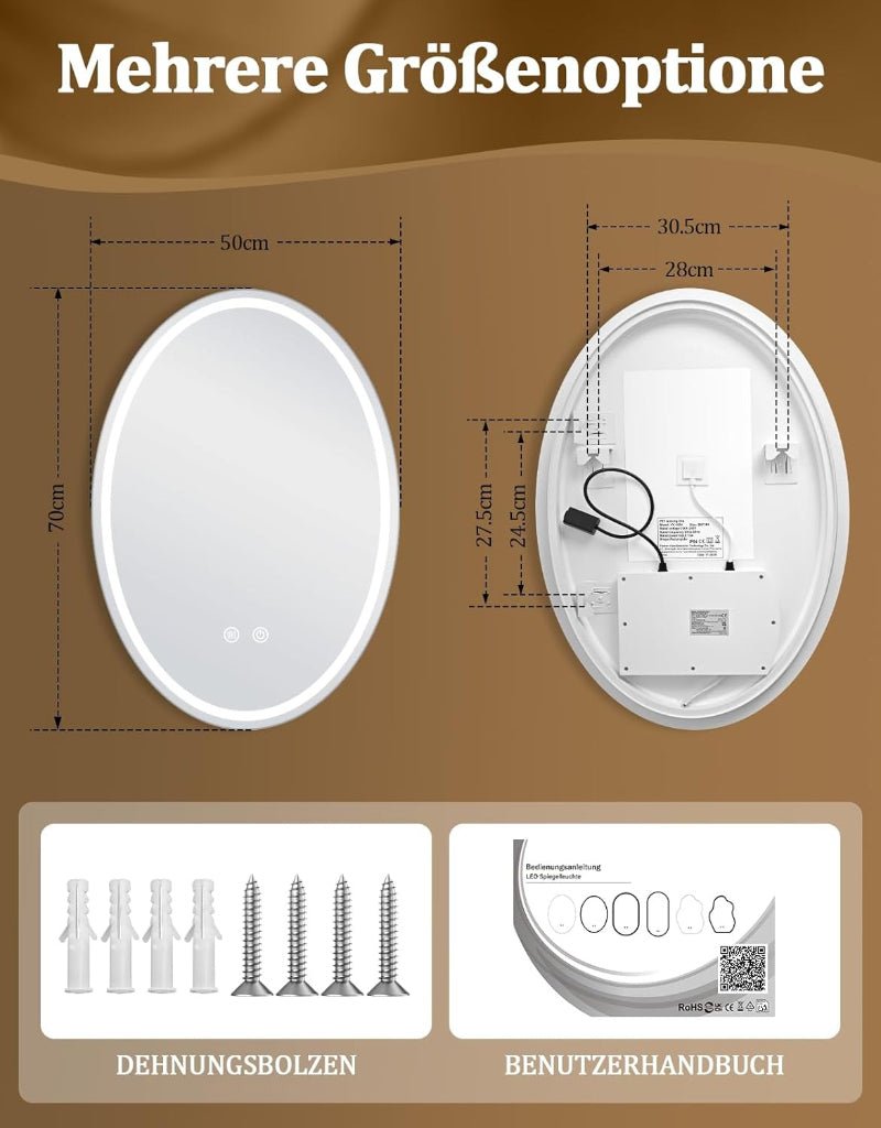 Spiegel Oval Badspiegel mit Beleuchtung - LED Badezimmerspiegel 50x70 cm Wandspiegel Badezimmer IP44 mit Touch-Schalter Entfogger-Funktion Lichtspiegel Dimmbar 3000K-6500K - Homefire