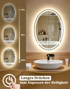 Spiegel Oval Badspiegel mit Beleuchtung - LED Badezimmerspiegel 50x70 cm Wandspiegel Badezimmer IP44 mit Touch-Schalter Entfogger-Funktion Lichtspiegel Dimmbar 3000K-6500K - Homefire