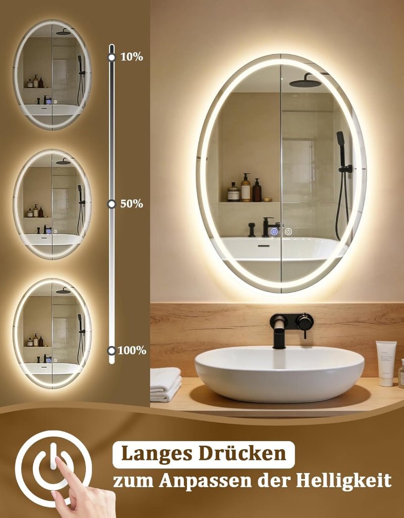 Spiegel Oval Badspiegel mit Beleuchtung - LED Badezimmerspiegel 50x70 cm Wandspiegel Badezimmer IP44 mit Touch-Schalter Entfogger-Funktion Lichtspiegel Dimmbar 3000K-6500K - Homefire