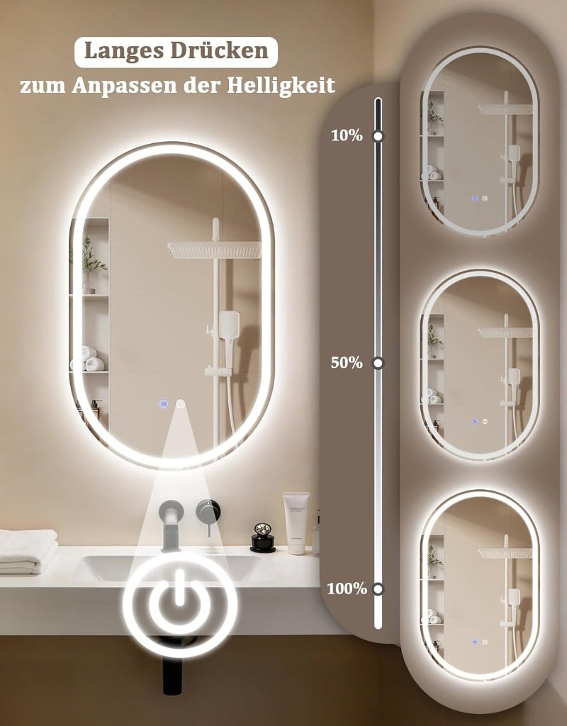 Spiegel Oval Badspiegel mit Beleuchtung - LED Badezimmerspiegel 50x80 cm Wandspiegel Badezimmer mit Touch-Schalter Entfogger-Funktion IP44 3000K-6500K Lichtspiegel Dimmbar - Homefire