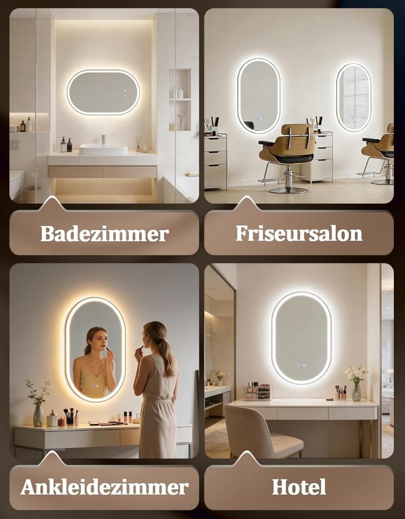 Spiegel Oval Badspiegel mit Beleuchtung - LED Badezimmerspiegel 50x80 cm Wandspiegel Badezimmer mit Touch-Schalter Entfogger-Funktion IP44 3000K-6500K Lichtspiegel Dimmbar - Homefire