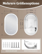 Spiegel Oval Badspiegel mit Beleuchtung - LED Badezimmerspiegel 50x80 cm Wandspiegel Badezimmer mit Touch-Schalter Entfogger-Funktion IP44 3000K-6500K Lichtspiegel Dimmbar - Homefire