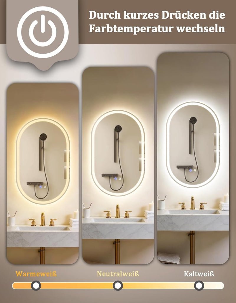 Spiegel Oval Badspiegel mit Beleuchtung - LED Badezimmerspiegel 50x80 cm Wandspiegel Badezimmer mit Touch-Schalter Entfogger-Funktion IP44 3000K-6500K Lichtspiegel Dimmbar - Homefire