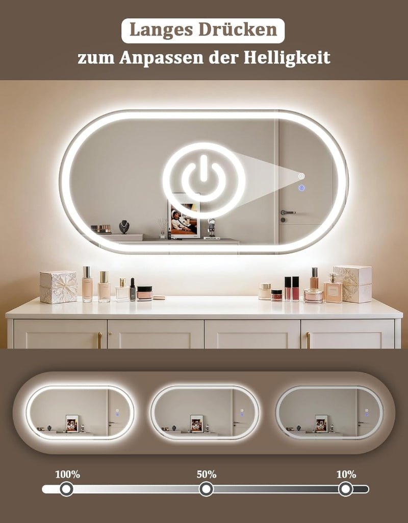 Spiegel Oval Badspiegel mit Beleuchtung - LED Badezimmerspiegel 60x120 cm Wandspiegel Badezimmer mit Touch-Schalter Entfogger-Funktion Lichtspiegel IP44 Dimmbar 3000K-6500K - Homefire