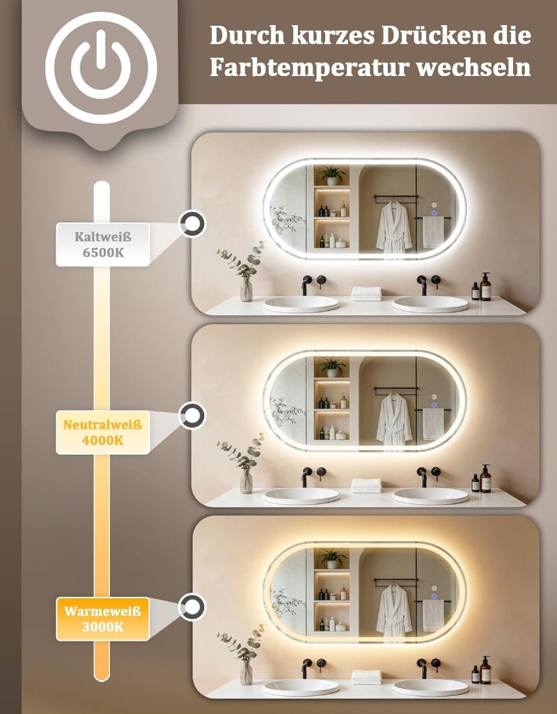 Spiegel Oval Badspiegel mit Beleuchtung - LED Badezimmerspiegel 60x120 cm Wandspiegel Badezimmer mit Touch-Schalter Entfogger-Funktion Lichtspiegel IP44 Dimmbar 3000K-6500K - Homefire