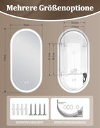 Spiegel Oval Badspiegel mit Beleuchtung - LED Badezimmerspiegel 60x120 cm Wandspiegel Badezimmer mit Touch-Schalter Entfogger-Funktion Lichtspiegel IP44 Dimmbar 3000K-6500K - Homefire