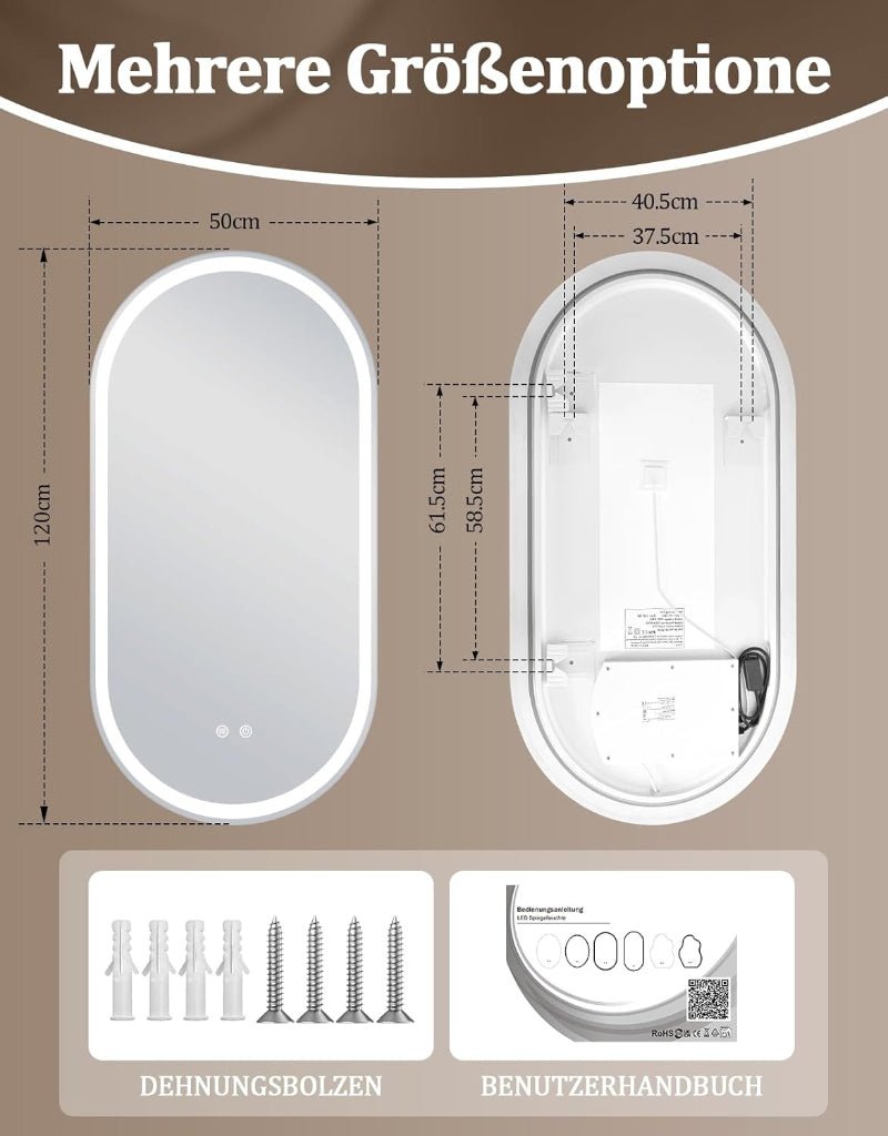 Spiegel Oval Badspiegel mit Beleuchtung - LED Badezimmerspiegel 60x120 cm Wandspiegel Badezimmer mit Touch-Schalter Entfogger-Funktion Lichtspiegel IP44 Dimmbar 3000K-6500K - Homefire