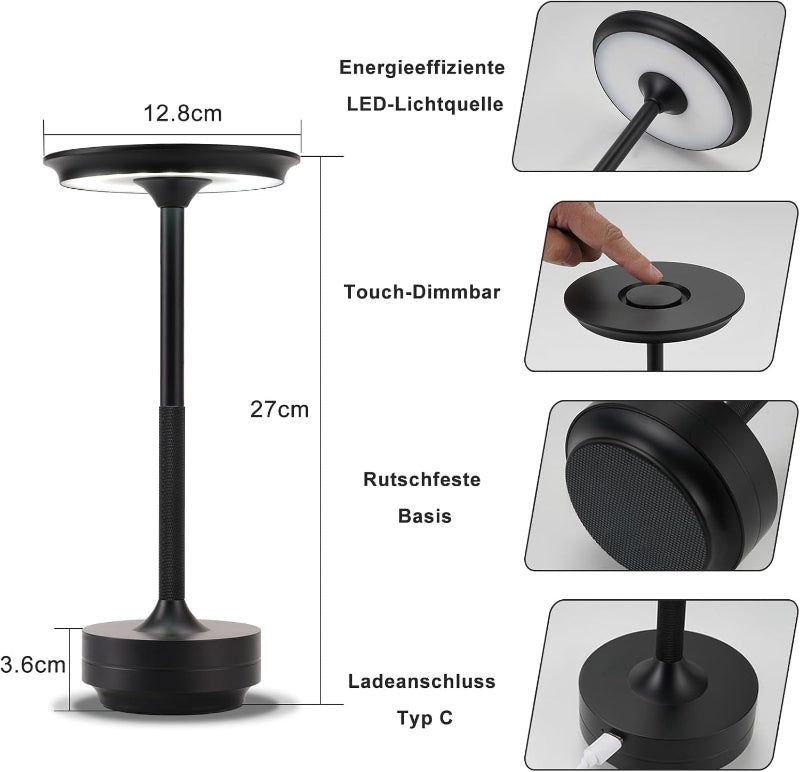 Tischlampe Akku Nachttischlampe - Led Kabellos Tischleuchte Aufladbar Touch Dimmbar Schwarz Eampe mit USB Batterie für Modern Wohnzimmer Schlafzimmer Outdoor - Homefire